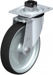Roulette pivotante en tôle d’acier, version mi-lourde, avec platine à visser et blocage centralisé “central-stop”