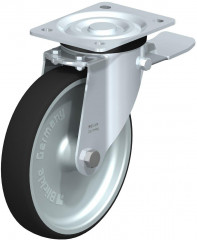Roulette pivotante en tôle d’acier, version mi-lourde, avec platine à visser et blocage “stop-top”