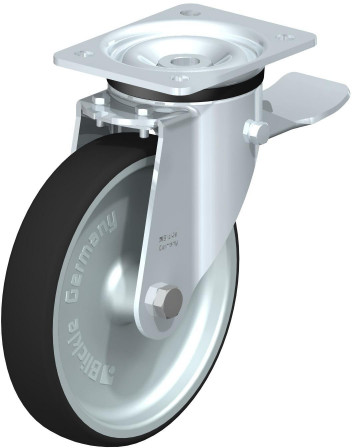 Roulette pivotante en tôle d’acier, version lourde, avec platine à visser et blocage “stop-top”
