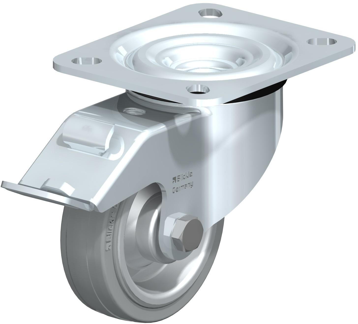Roulette pivotante en tôle d’acier, version mi-lourde, avec platine à visser et blocage “stop-fix”
